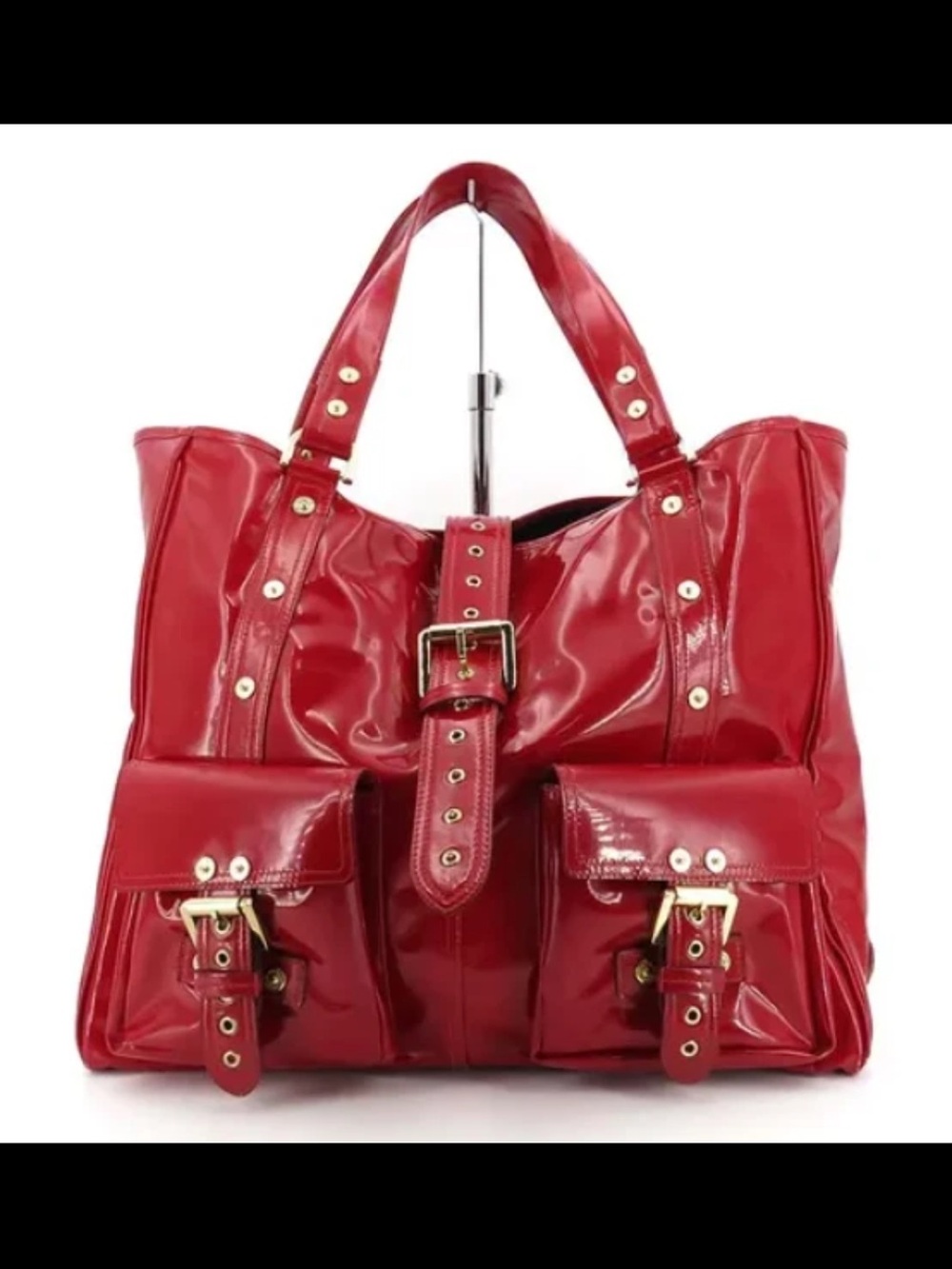 Mulberry Red Patent Leather Tote with Buckle Details